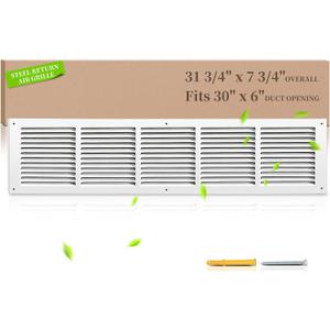 30"W x 6"H Return Air Grille [Duct Opening Size], Steel HVAC Return Air Vent Cover for Wall & Ceiling, White Powder-Coated Rust-Resistant AC Cold Air Return, Outer Dimensions 31.75"W x 7.75"H