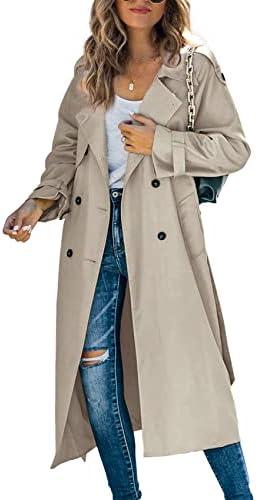 Makkrom Women's Double Breasted Long Trench Coat Windproof Classic Lapel Slim Overcoat with Belt Size L