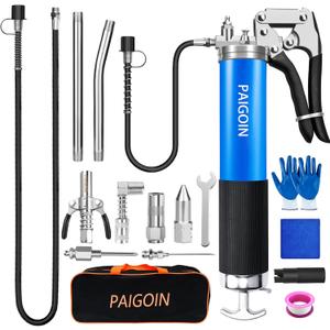 Grease Gun Kit 8000 PSI Heavy Duty 14 OZ Pistol Grip Grease Guns with 19" & 28" Spring Flex Hose,Quick Release Coupler,90 Degree Adapter,2 Needle Tips,2 Nozzles,2 Extension Tubes (Blue)