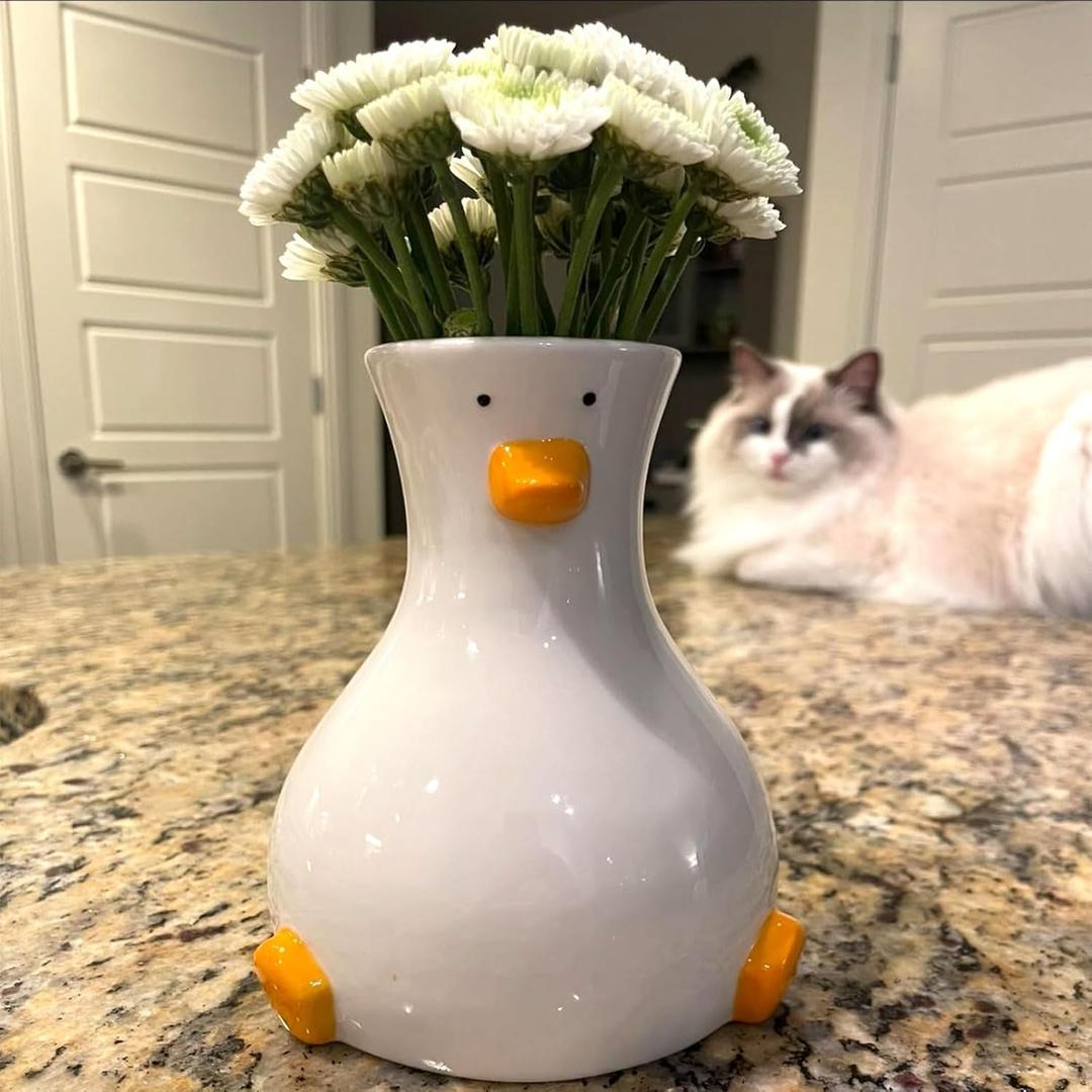 Handcrafted Ceramic Duck Vase - White Modern Flower Vase with Unique Duck Design - Round Aesthetic Table Decor - Funky and Trendy Art Vase
