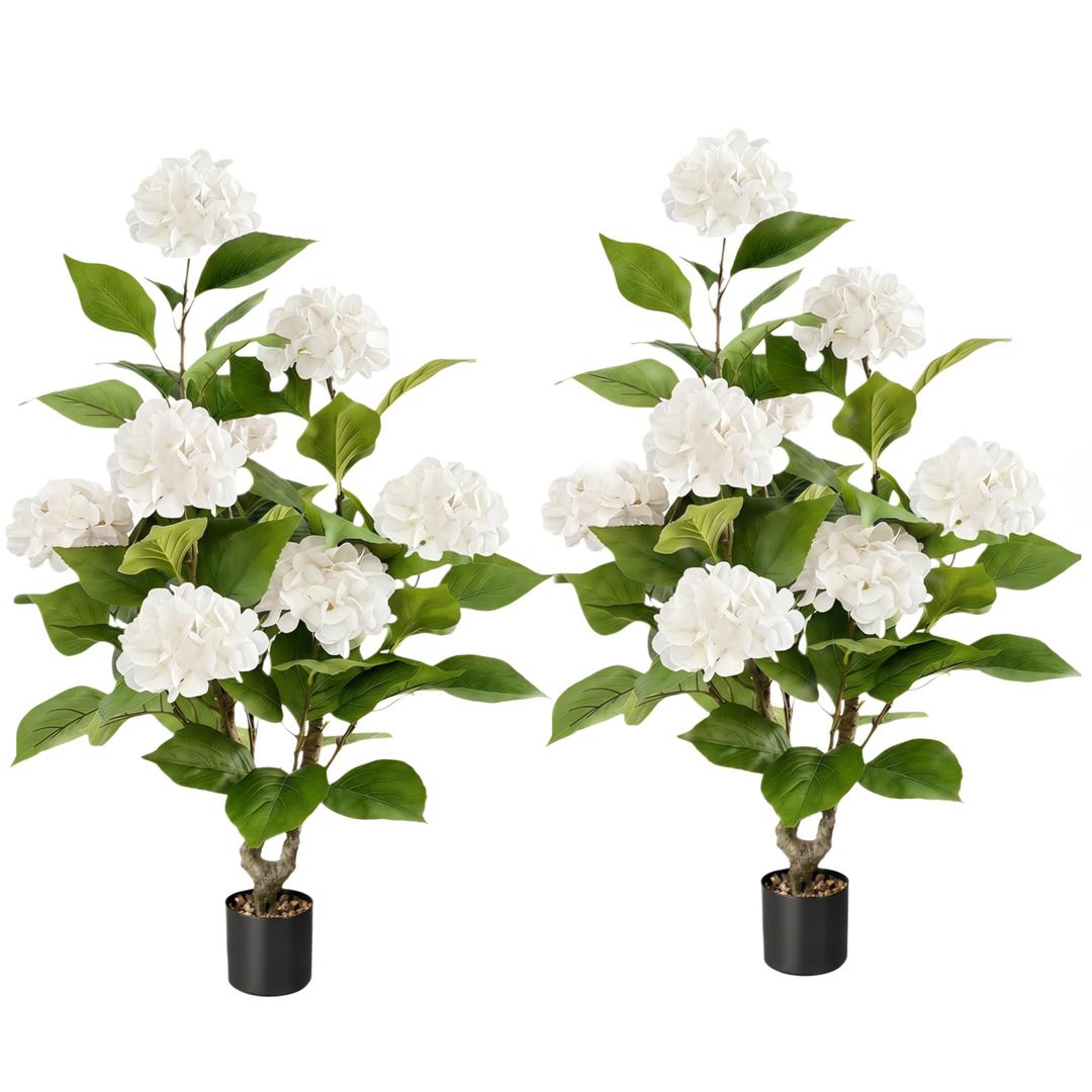 2pcs Artificial Hydrangea Artificial Trees 3ft Faux Hydrangeas Flower Tree with Pot for Front Porch Planters Decoration Outdoor Fake Silk Floral Plant for Home Patio Entrance Decor Indoor, White