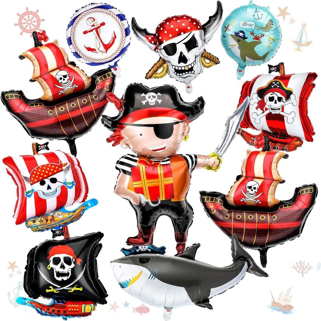 Sosation 10 Pcs Pirate Balloons Birthday Party Decorations Round Pirate Ship Ocean Skeleton Shark Foil Balloon for Themed Arch Kit Celebration Backdrop Birthday Party Supplies Decorations, Red Black