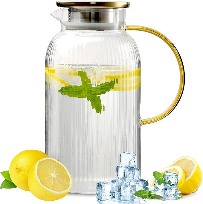 WLASSS 64 oz/2 Liter Glass Pitcher with Lid,Hand Blown Glass Water Pitcher for Cold Brew Coffee,Hot Water, Milk, Modern Vertical Stripes Iced Tea,Gifts