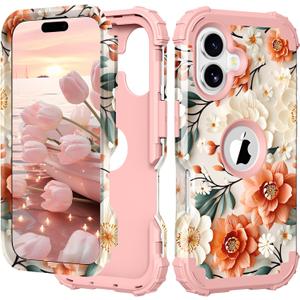 PIXIU Unique Flower Pattern Compatible with iPhone 17 6.3 inch case,Heavy Duty Dual Layer Shockproof Full-Body Protective Sturdy Hybrid Cute Rugged Case for Women,Girls,Kids-White/Orange (A14)
