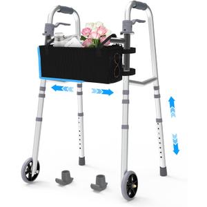 Folding Narrow Walkers for Seniors, Adjustable Width & Height, Standard Walkers with Basket, 2 Skis, 5 Front Wheels, Lightweight Walkers for Elderly & Disabled, Thickened Aluminum Adult Walker