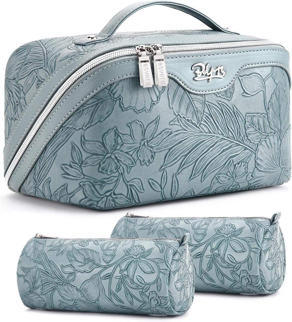 BOYATU Travel Makeup Bags Cosmetic Organizer Bag: 3 Pcs Set Large Capacity Floral Make up Bag with Compartments - Waterproof Leather Toiletry Bags with Handle for Women (01-Light Blue)