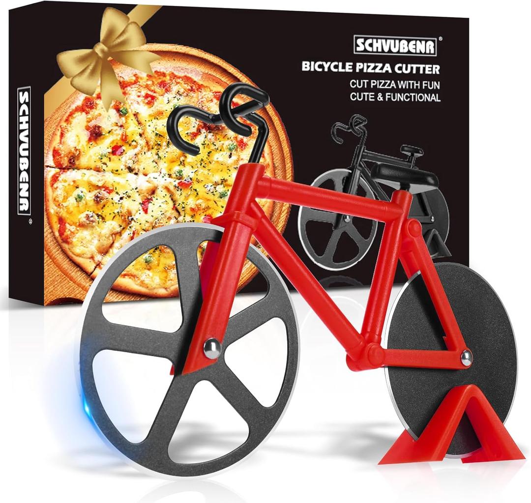 Bicycle Pizza Cutter Wheel - Gifts for Cyclists, Men, Dad, Bike Lovers - Funny Kitchen Gadgets - Cool Fathers Day, Christmas, Birthday, White Elephant Gifts - Stainless Steel Pizza Slicer (Red)