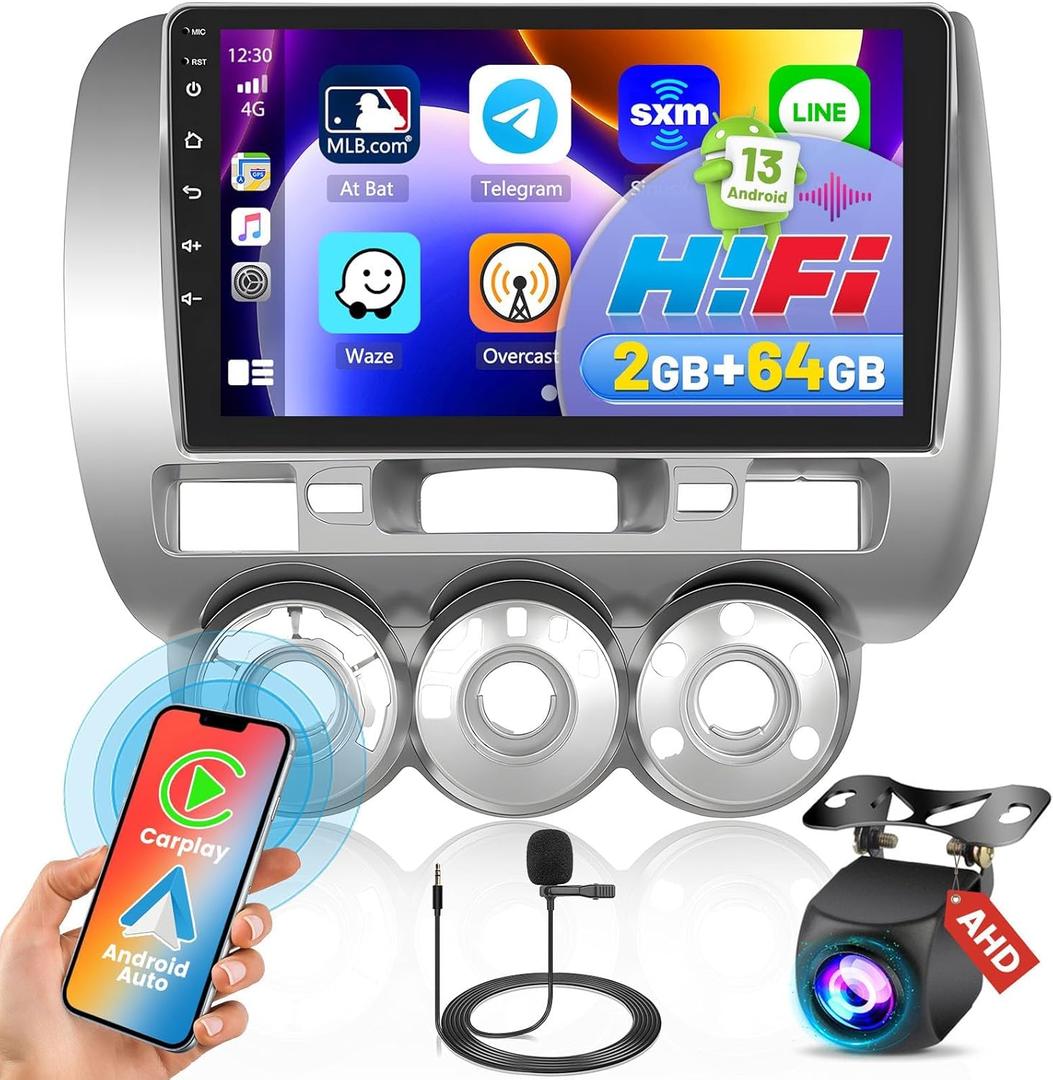 [2G+64G] Android 13 Car Radio for Honda Fit 2004-2010, Wireless Carplay/Android Auto/HiFi, 9'' Touch Screen Bluetooth Stereo Upgrade for Honda Fit SWC GPS WiFi + AHD Backup Camera