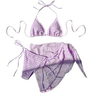 GORGLITTER Women's 3 Piece Swimsuits Halter Triangle String Bikini Set with Beach Skirt Swimwear Set (Large, Purple)