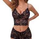 Lilosy Sexy Sheer Floral Lace Pajamas Lingerie Set High Waist Sleepwear Bra and Panty 2 Piece Nightwear Size Large