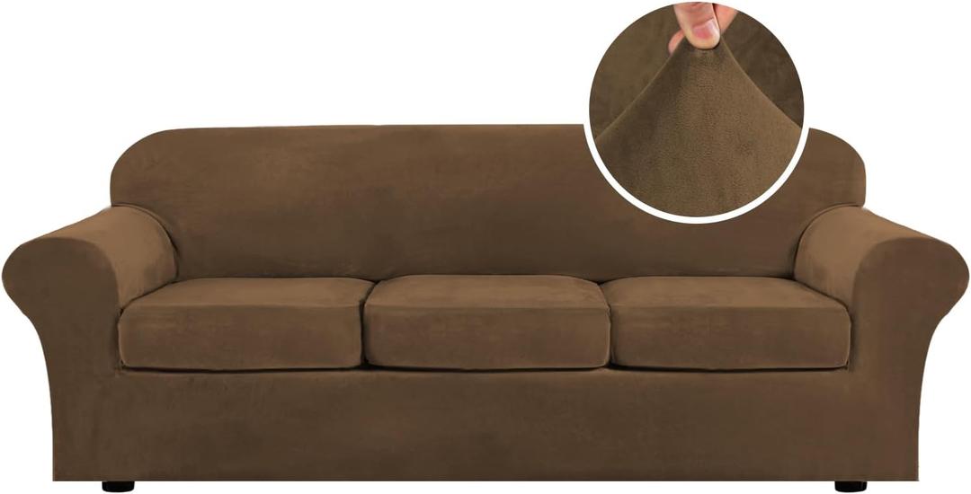 H.VERSAILTEX High Stretch Sofa Slipcover 4 Piece Cover Velvet Furniture Protector Form Fit Thick Velvet Extra Large Sofa Cover for 3 Cushion Couch Width Up to 97 Inch (Large Sofa, Bronze Brown)