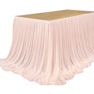 Ling's moment 9FT Blush Chiffon Table Skirt Recycle Use Extra Long Sheer Tablecloth for Backyard Wedding Reception Decorations Birthday Party Cake Dessert Decor, 108.3" x 51.2" (9FT)