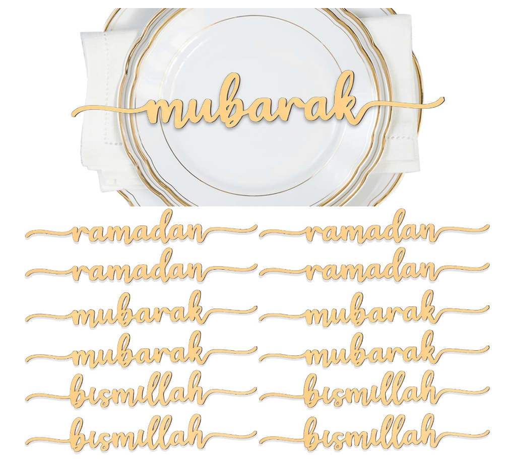 Queekay 12 Pieces Ramadan Wood Sign Ramadan Mubarak Plate Setting Plate Sign Kareem Wooden Ornament Islamic Table Decor for Eid Mubarak Islamic Home Party Decor(Classic Style)