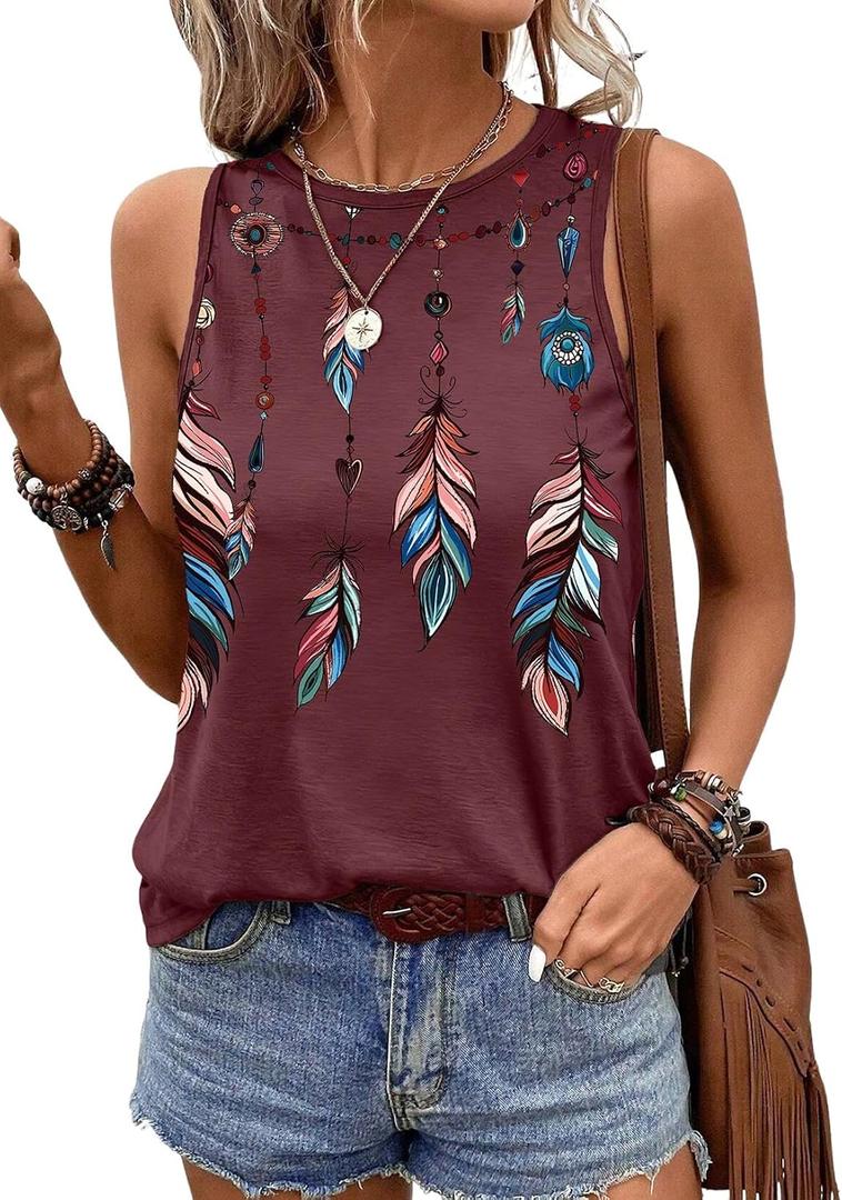 SHEWIN Womens Feather Print Graphic Tank Tops Crewneck Sleeveless Loose Fit Summer Tops (L)