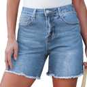 luvamia FleXclusive Jean Shorts for Women Trendy High Waisted Stretchy Denim Summer Casual Raw Hem Mom Long Cutoff Jorts High Waist Shorts Lakeside Blue Size Small Fits US 4-6