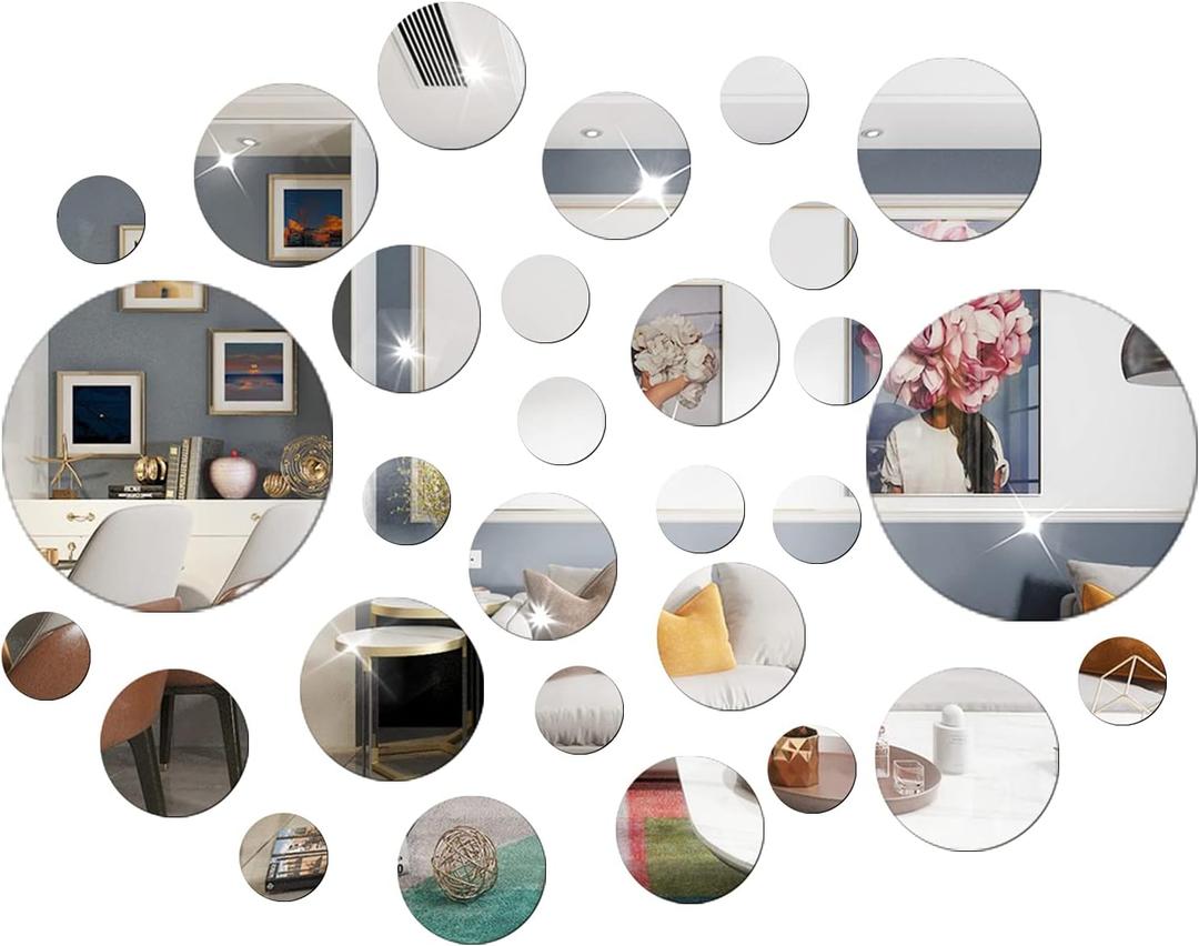 DIY Wall Decals Acrylic Mirror Sticker Set 60 Pcs, Circle Mirror Wall Stickers for Living Room Bedroom Decor(Silver)