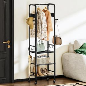 CHOEZON Coat Rack, Freestanding Coat Rack with 3 Shelves, Rolling Garment Rack with Wheels and Hooks, Coat Hanger Stand, Clothes Rack, Hanging Rod, for Entryway, Bedroom, Living Room, Black TYM17BB