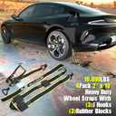 KJE Reflective Car Tie Down Straps for Trailers 4 Pack- Premium Tire Ratchet Strap with (3) J Hooks (3) Rubber Blocks - 2" x 10' 10,000LBS Break Strength - Wheel Straps for Hauling UTV, SUV, Any Cars, 4Pcs - 2" x 10'