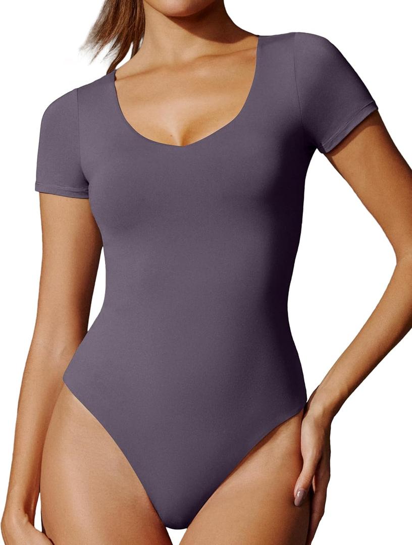IUGA Bodysuits for Women Tummy Control Short Sleeve V Neck Body Suits for Wom Compression Slimming Thong Bodysuit (Pastel Violet), XXL