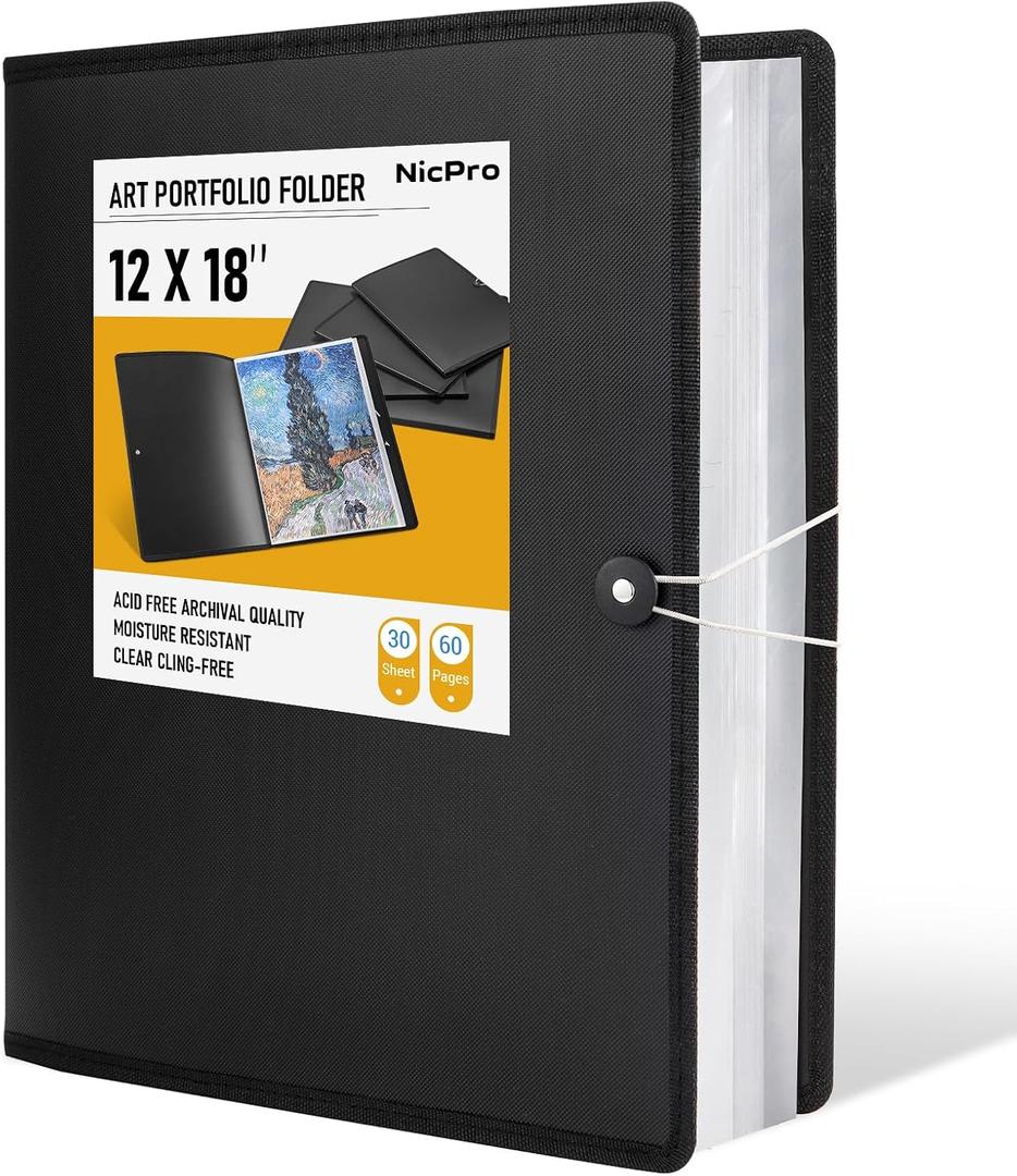 Nicpro 12"x18" Art Portfolio Folder, 30 Pockets Display 60 Pages Art Painting Portfolio Binder with Clear Plastic Sleeves, Presentation Storage Book for Artists Artwork Drawing - (Black)