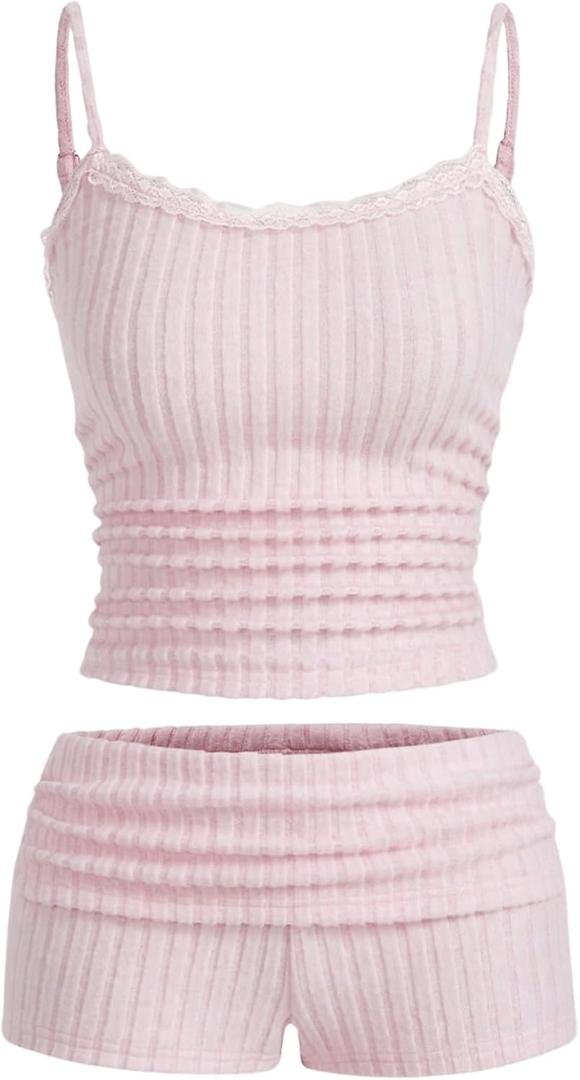 SOLY HUX Women's 2 Piece Outfit Ribbed Knit Cute Camisole and Mini Shorts Set (Pink,Small)