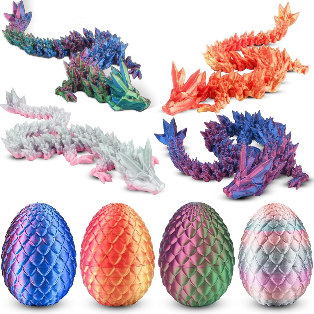 4PCS 3D Printed Dragon with Egg Easter Basket Stuffers 3D Printed Animals Toy Set