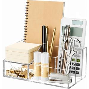 HBlife Acrylic Desk Organizer with 6 Compartments, Pen & Pencil Holder, Multifunctional Desktop Caddy for Office Supply and Organization (Clear)