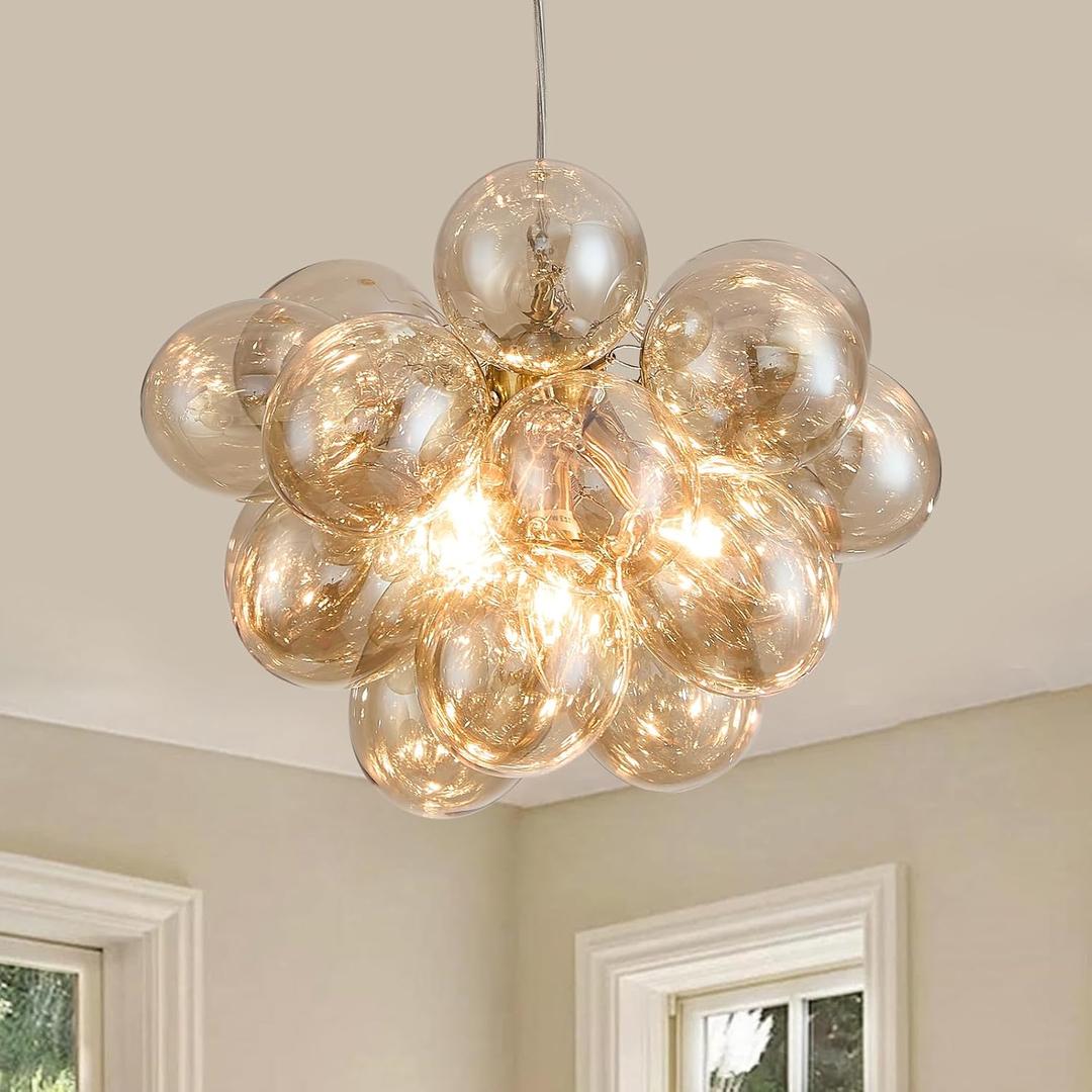 Cognac Bubble Ball Chandelier, Modern Glass Ceiling Light, 4 Lights Pendant Lighting Fixture for Bedroom,Livinng Room,Dining Room