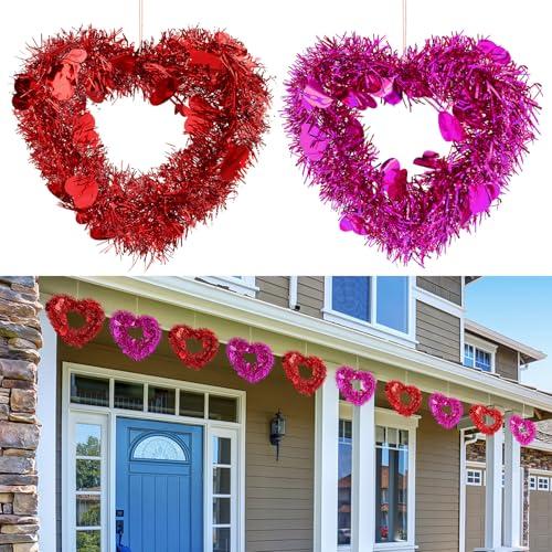 Suncalla 12 Pcs Valentine Heart Wreaths for Front Door 7 Inch Valentines Day Decorations with Heart Tinsel Red Valentine Ornaments for Anniversary Wedding Party Wall Window Mantel Decor