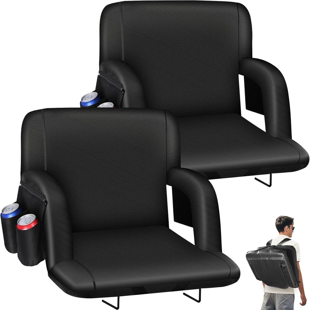 Stadium Seats with Back Support - 2.6''Thick Padded Bleacher Seat,6 Reclining Positions, Foldable Armrests, 3 Pockets, Steel Bleacher Hooks,Portable Strap for Sport Events, Beaches [2 PCS]