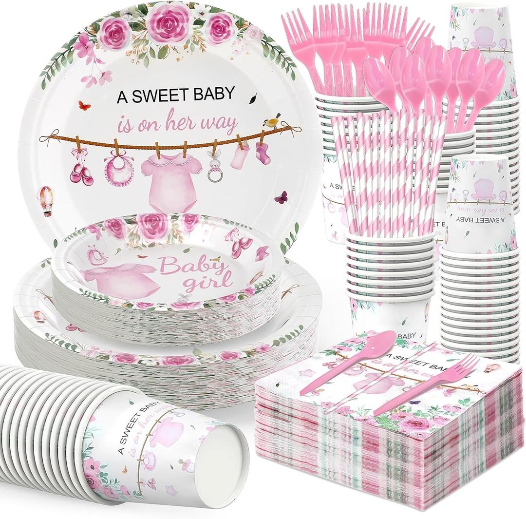 350 Pcs Baby Shower Party Plates and Cups and Napkins Sets, Baby Shower Decorations Girl, 50-Pack Pink & Floral Theme for Girls, 7-Piece Essentials Bundle DisposableTableware Set