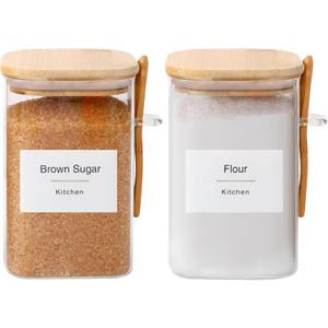 Flour and Sugar Containers - 34 oz Glass Jar with Bamboo Lid and Spoon, Sugar Holder and Canister for Countertop, Glass Containers for Coffee Beans, Tea, Flour, Nuts, Candy and Cookie (Set of 2), Square-34oz-2Pack