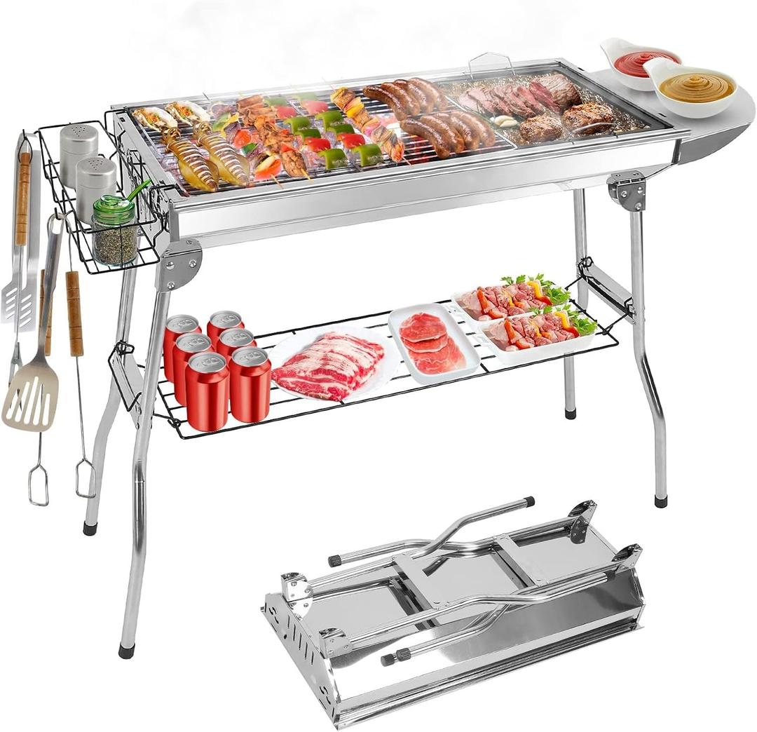 Portable Charcoal Grill, Large Stainless Steel Folding BBQ Grill, Foldable Barbecue Grill with Storage Shelf for Camping BBQ Garden Backyard Party Picnic Outdoor Cooking Kabob, 39x13.4x28 inch