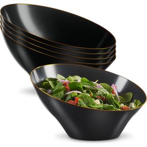 PLASTICPRO Angled Plastic Bowls Disposable Large Plastic Black Serving Bowls with Gold Rim for Party for Appetizer Salads Pack of 4
