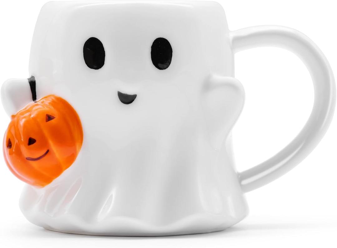 20 oz Halloween Ghost Mug Decorations, Ceramic Cute Ghost Coffee Cup with Pumpkin, Large Halloween Drinkware Gifts for Adults Kids (White Orange Black)