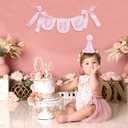 Pink Gingham First Birthday Party Decoration Set, ONE Banner 80 inches, Pink Gingham Party Hat, 5.5 inches, Pom Pom Topper with Number 1, Girls Birthday Decoration