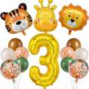 14Pcs Extra Large Tiger, Giraffe & Lion Safari Animal Balloon Set for 3rd Birthday Decorations - Jungle Themed Party & 40" Gold Numeral Foil Balloons (Animal Theme, 3)