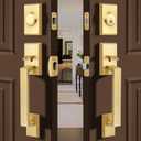 Double Front Door Lock Set, Square Heavy Duty Double Door Handle with Dummy, Entry Handleset with Deadbolt Combo, Double Door Lock Set for Front or Office Doors, Satin Brass