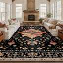 RELEANY Area Rugs 10'x12' Washable Non-Slip, Floral Vintage Distress Print Pattern Medallion Carpet for Living Room Bedroom Dining Room, Black Colorful Floral Dark Tan