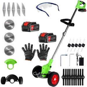 Electric Weed Wacker Cordless Eater 2 Battery, Foldable and Lightweight Grass Trimmer/Brush Cutter,5 Types Blade & Wheels 21V 4.0Ah Battery (2 Pieces) Powered for Garden and Yard (Non-Foldable)