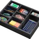 Wooden Desk Drawer Organizer, 9-Slot Office Organization and Storage Box, Adjustable Natural Wood Desktop Tray for Pens, Sticky Notes, and Small Accessories, Aesthetic Home Office Decor (12 x 9 In) (Black)
