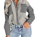 Dokotoo Womens Ladies Spring Fashion Contrast Patchwork V Neck Long Sleeve Button Down Corduroy Shirts with Pockets Casual Loose Plaid Blouses Tops for Women Outwear Shacket Coat Gray Medium