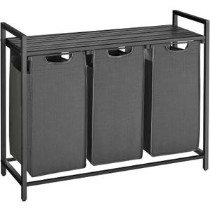 VASAGLE Laundry Hamper, Laundry Basket, Laundry Sorter with 3 Pull-Out and Removable Bags, Shelf, Metal Frame, 3 x 10.6 Gallons (40 L), 36.4 x 13 x 28.4 Inches, Slate Gray and Charcoal Gray UBLH301G01