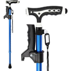 Hold 440 Lbs Walking Cane for Men & Women Aluminum Alloy Lightweight Height Adjustable Walking Stick Heavy Duty Foldbale Free Standing Cane with LED for Seniors Adults (Blue)