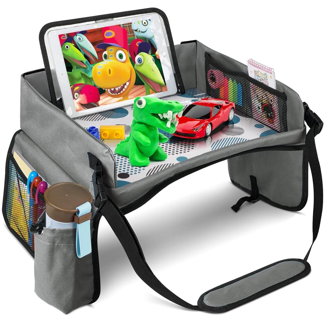 BUENAVO Car Seat Organizer Kids Travel Tray for Kids Car Trays for Kids Roadtrip Essentials Toddlers Activities in Car Seat, Stroller, Airplane (Grey Blue)