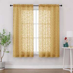 Gwine Gold Sheer Curtains 63 Inch Length 2 Panels Set, Light Filtering Leaf Jacquard Textured Soft Airy Living Room Bedroom Curtains, Elegant Rod Pocket Farmhouse Curtain, 42Wx63L Inches, 2PCS