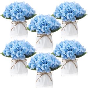 6 Set Hydrangea Centerpieces for Tables Blue Hydrangea Artificial Flowers Bouquet with Small Plastic Vase for Summer Home Wedding Table Centerpieces Bridal Shower Garden Tea Party Decor