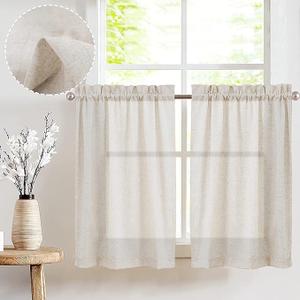 Beige Kitchen Curtains Linen Tier Curtains 24 Inch Farmhouse Cafe Drapes for Small Window Flax Country Rustic Rod Pocket Bathroom Laundry Room RV Light Filtering 2 Panels Crude