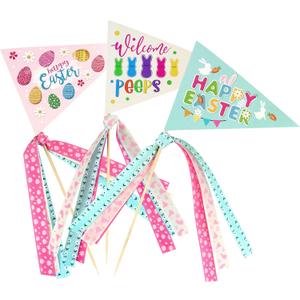 2 x 6Pcs Happy Easter Cake Toppers Easter Pennant Paper Triangle Flags with Ribbons Easter Party Table Centerpiece Decoration Supplies (Black)