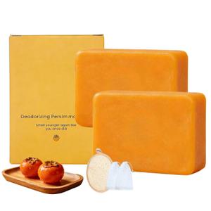 Natural Japanese Persimmon Soap, 2 Pcs Deodorizing Body Soap for Senior & Body Odor, with Exfoliating Loofah Pad & Foaming Nets Designed for odor care, Mild for Most Skin Types